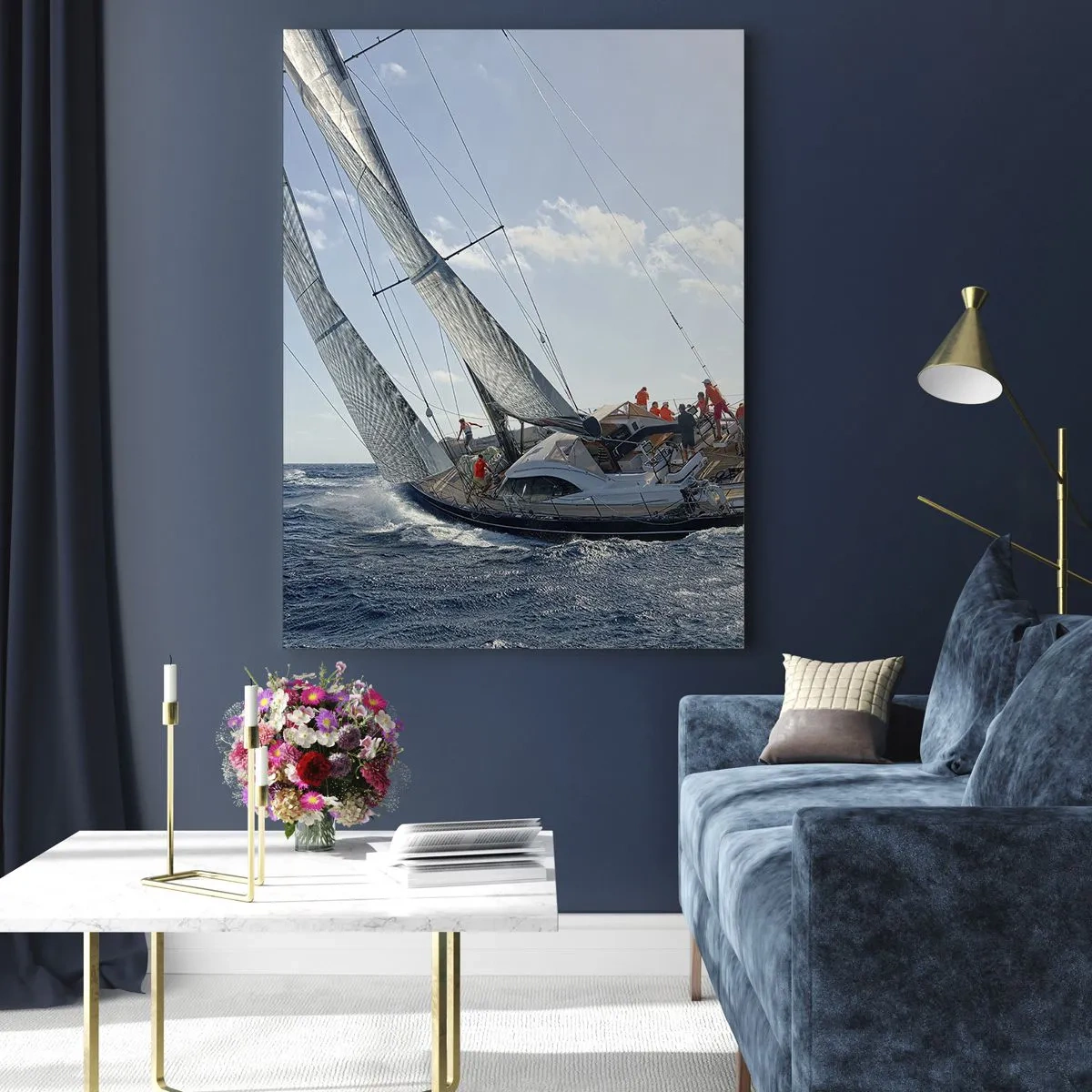 Quadro su vetro - Yacht da regata in mare aperto con il vento in poppa - 50x70cm - Che vinca il migliore - Decorazione murale moderna per soggiorno e camera da letto ARTTOR