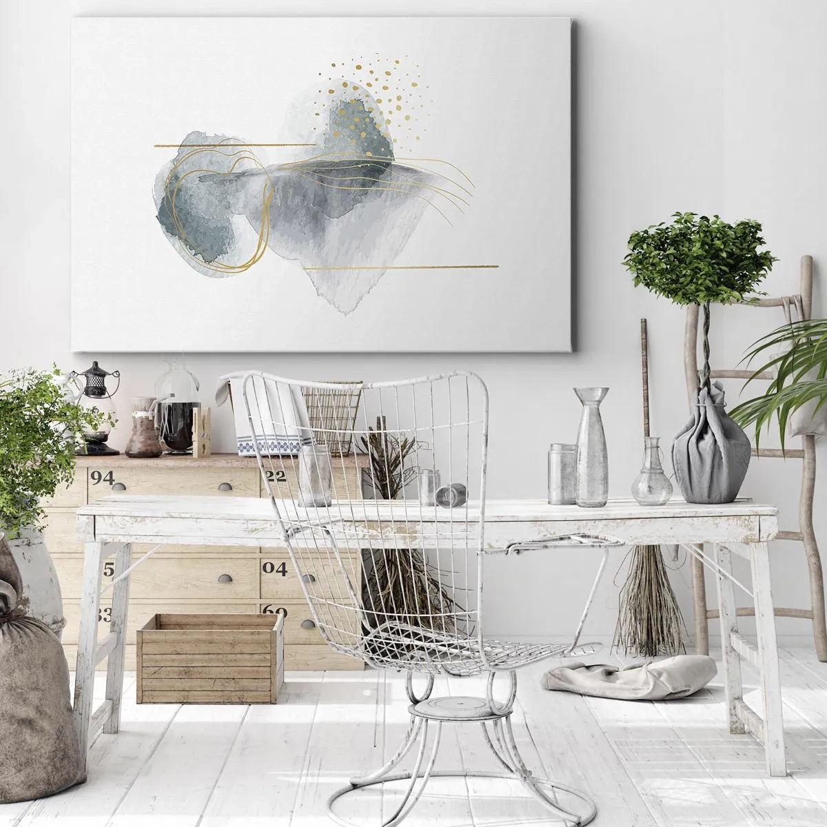 Quadro su tela - Stampe su Tela - Una composizione astratta nei toni del turchese e dell'oro. - 70x50cm - Sui legami del grigio e dell'oro - Decorazione murale moderna per soggiorno e camera da letto ARTTOR