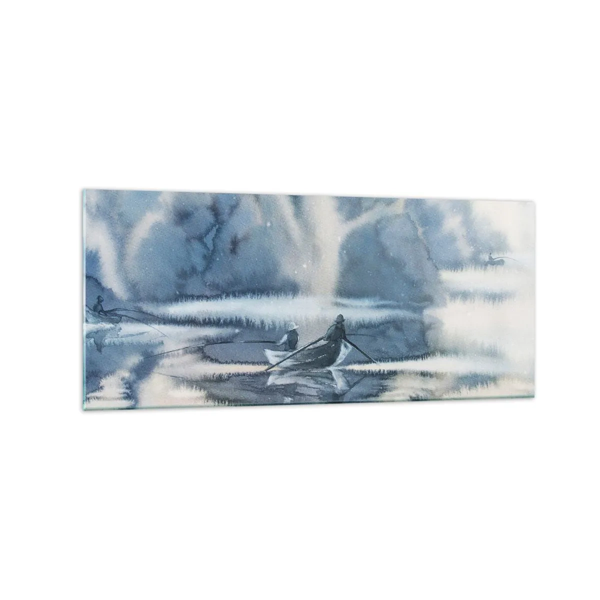 Quadro su vetro - Paesaggio ad acquerello con barche su un lago circondato da una foresta nebbiosa - 120x50cm - I pescatori nel loro paradiso - Decorazione murale moderna per soggiorno e camera da letto ARTTOR
