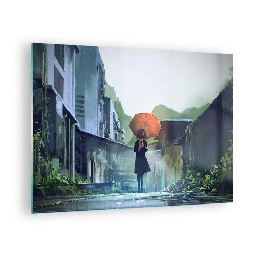 Quadro su vetro - Una figura con un ombrello arancione su una strada piovosa - 70x50cm - Pioggia vivificante - Decorazione murale moderna per soggiorno e camera da letto ARTTOR