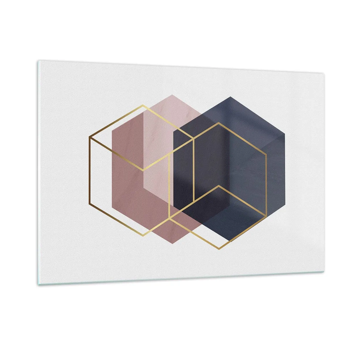 Quadro su vetro - Contorni dorati di cubi su uno sfondo di solidi blu navy e rosa - 120x80cm - La forza della semplicità - Decorazione murale moderna per soggiorno e camera da letto ARTTOR