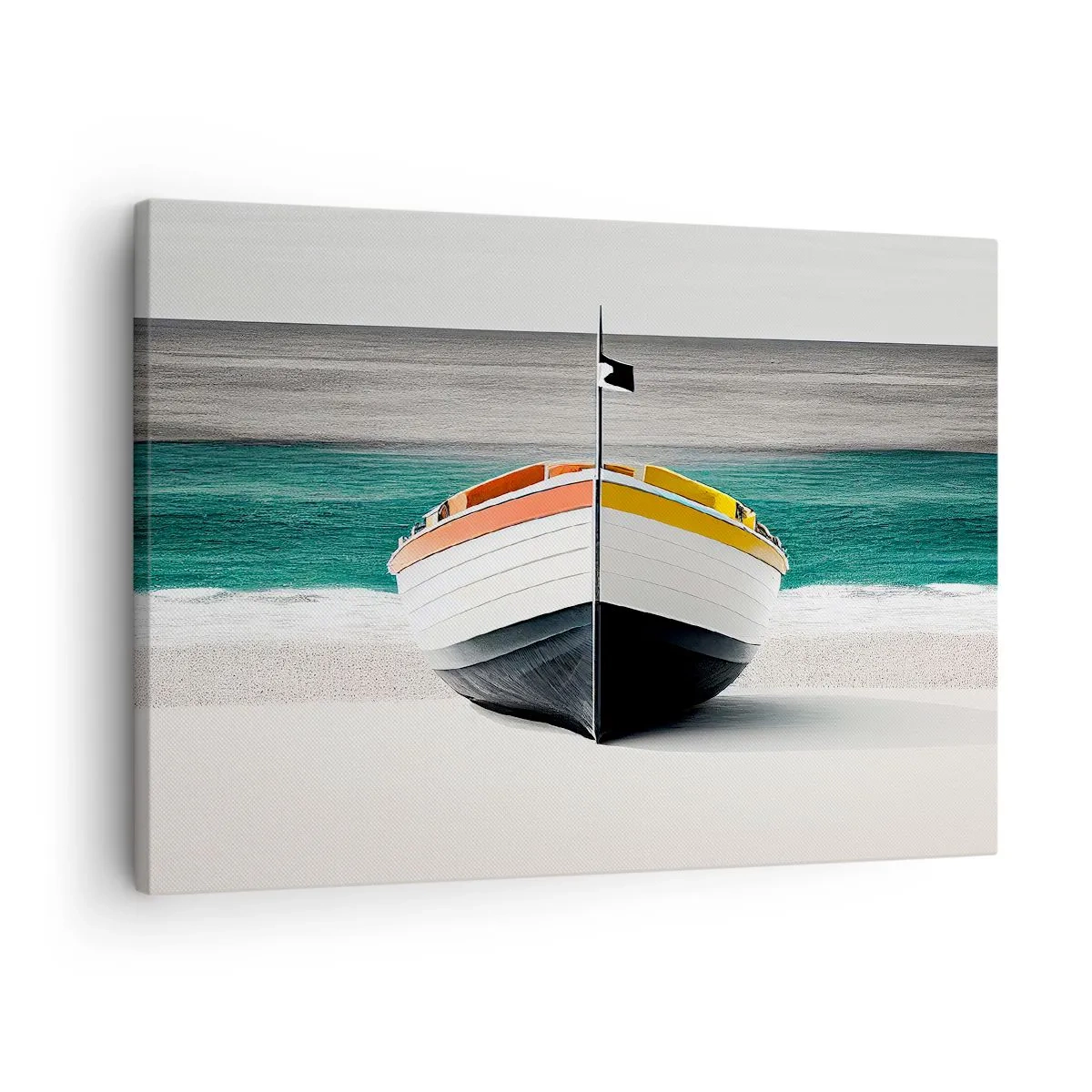 Quadro su tela - Stampe su Tela - Una barca sulla spiaggia con un mare turchese sullo sfondo - 70x50cm - Al suo posto - Decorazione murale moderna per soggiorno e camera da letto ARTTOR