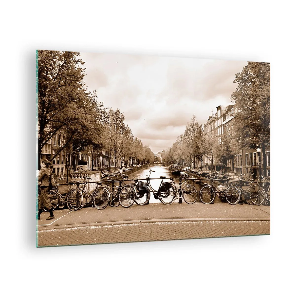 Quadro su vetro - Ponte di Amsterdam con biciclette retrò - 70x50cm - Atmosfera olandese - Decorazione murale moderna per soggiorno e camera da letto ARTTOR