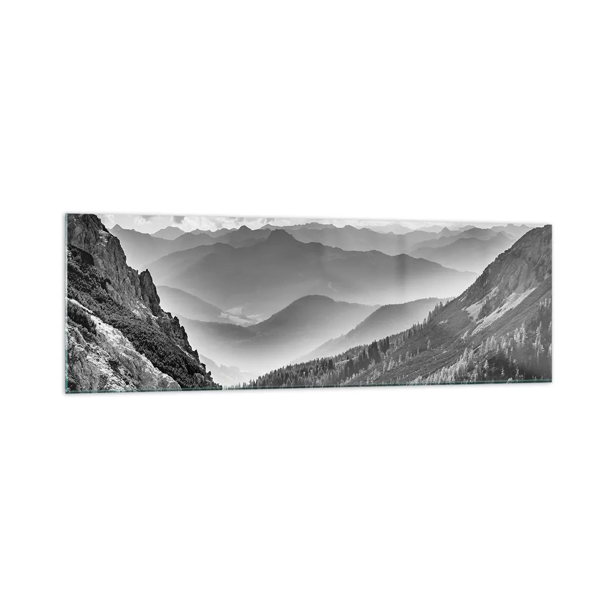 Quadro su vetro - Paesaggio montano in bianco e nero con nuvole sulle cime - 160x50cm - Fino all'orizzonte - Decorazione murale moderna per soggiorno e camera da letto ARTTOR