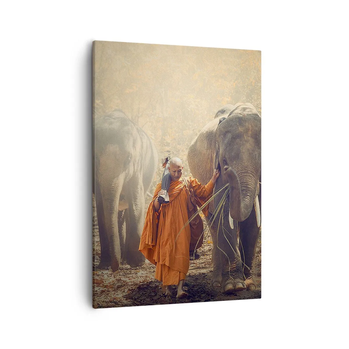 Quadro su tela - Stampe su Tela - Un monaco con una tunica arancione guida un elefante nella foresta. - 50x70cm - Comprensione perfetta - Decorazione murale moderna per soggiorno e camera da letto ARTTOR