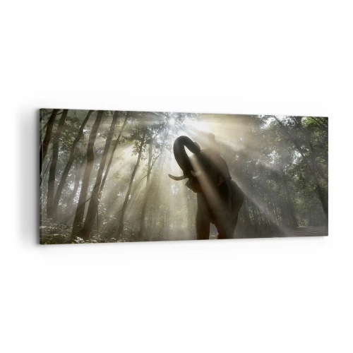 Quadro su tela - Stampe su Tela - Un elefante nella foresta circondato da raggi di luce nella nebbia mattutina - 120x50cm - Sotto una stella fortunata - Decorazione murale moderna per soggiorno e camera da letto ARTTOR
