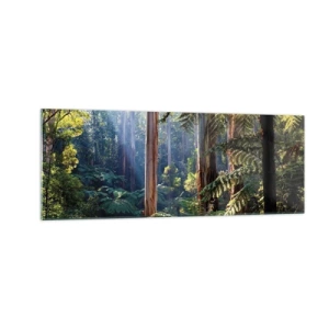 Quadro su vetro - Foresta tropicale illuminata dai raggi del sole - 140x50cm - La favola del bosco - Decorazione murale moderna per soggiorno e camera da letto ARTTOR