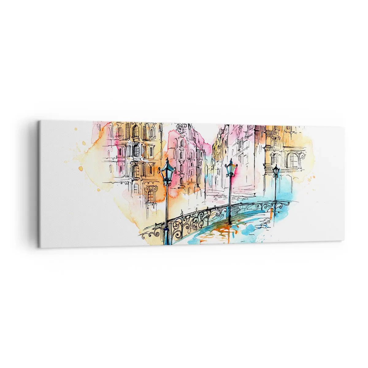 Quadro su tela - Stampe su Tela - Acquerello di un ponte e case popolari a forma di cuore - 140x50cm - Il cuore della città - Decorazione murale moderna per soggiorno e camera da letto ARTTOR