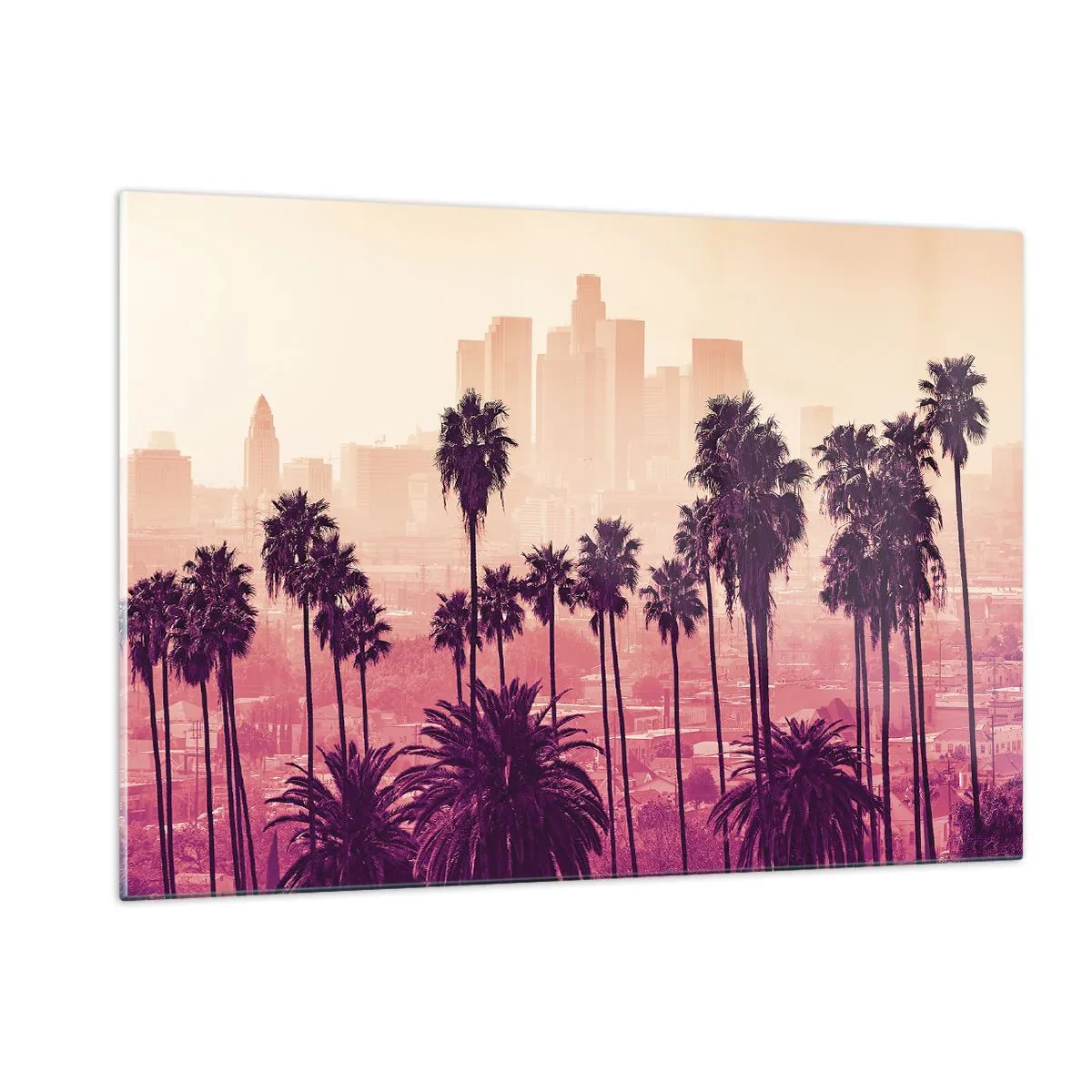 Quadro su vetro - Palme sullo sfondo dello skyline della città nei toni caldi del tramonto - 120x80cm - Paesaggio della California - Decorazione murale moderna per soggiorno e camera da letto ARTTOR
