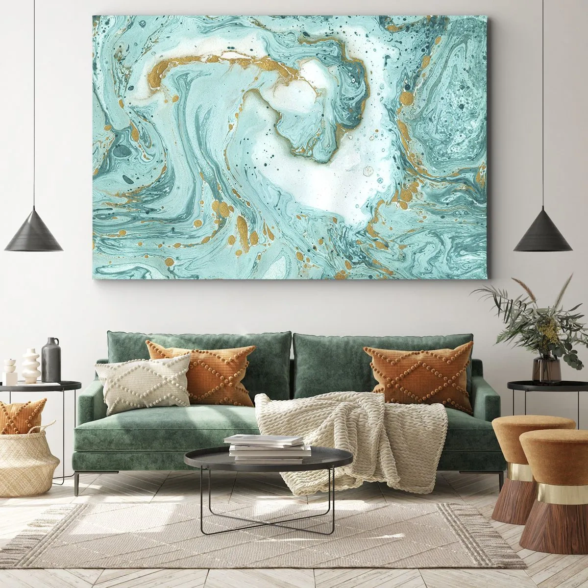 Quadro su tela - Stampe su Tela - Marmo turchese con accenti dorati in una composizione astratta - 120x80cm - La grande onda del periodo Edo - Decorazione murale moderna per soggiorno e camera da letto ARTTOR