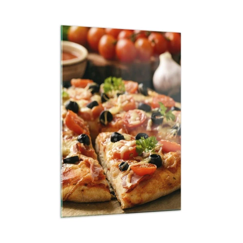 Quadro su vetro - Pizza appetitosa con pomodori, olive ed erbe aromatiche - 50x70cm - Te la sei nuovamente cavata - Decorazione murale moderna per soggiorno e camera da letto ARTTOR