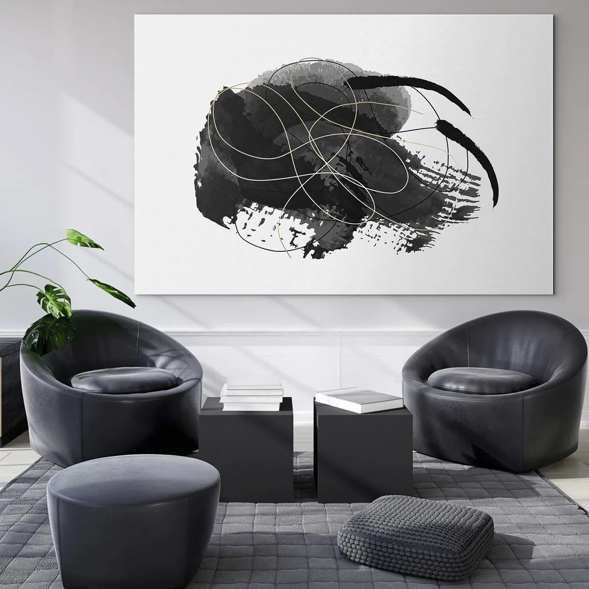 Quadro su vetro - Una composizione astratta di nero con accenti dorati - 70x50cm - Nato dal nero - Decorazione murale moderna per soggiorno e camera da letto ARTTOR