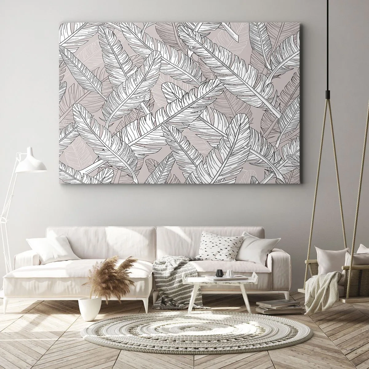 Quadro su tela - Stampe su Tela - Motivo in bianco e nero con foglie di banano su sfondo chiaro - 70x50cm - Vortice di piume - Decorazione murale moderna per soggiorno e camera da letto ARTTOR