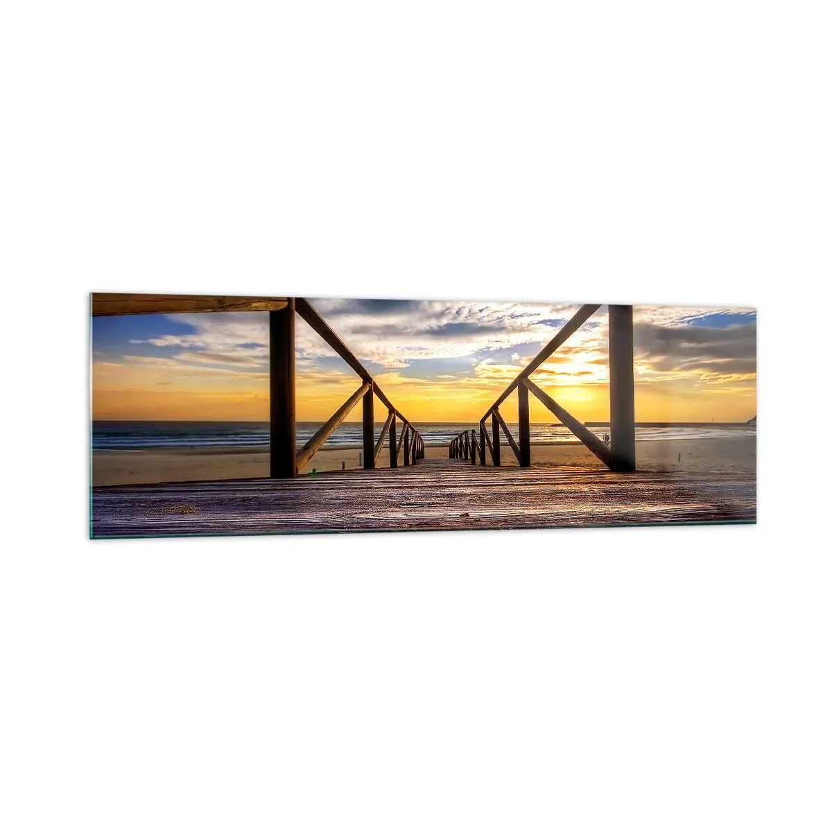 Quadro su vetro - Molo di legno che conduce alla spiaggia al tramonto - 160x50cm - Verso la spiaggia silenziosa al tramonto - Decorazione murale moderna per soggiorno e camera da letto ARTTOR