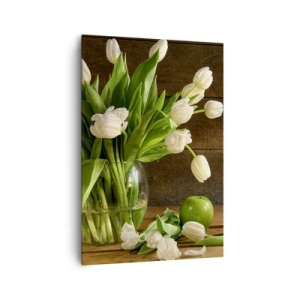 Quadro su tela - Stampe su Tela - Un bouquet di tulipani bianchi in un vaso di vetro con mele verdi - 70x100cm - Freschezza in verde e bianco - Decorazione murale moderna per soggiorno e camera da letto ARTTOR