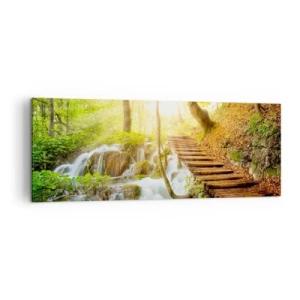 Quadro su tela - Stampe su Tela - Sentiero nel bosco con scale in legno vicino alla cascata - 140x50cm - Bramata freschezza - Decorazione murale moderna per soggiorno e camera da letto ARTTOR