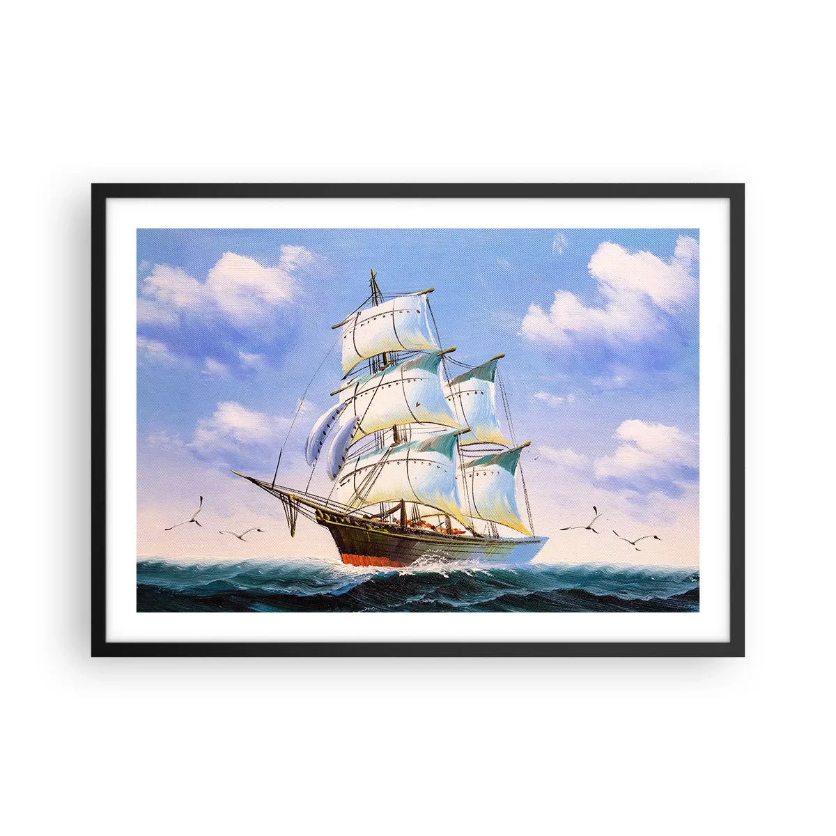 Poster in cornice nera - Una nave a vela in mare aperto sotto un cielo azzurro - 70x50cm - Con orgoglio nel vento - Decorazione murale moderna per soggiorno e camera da letto ARTTOR