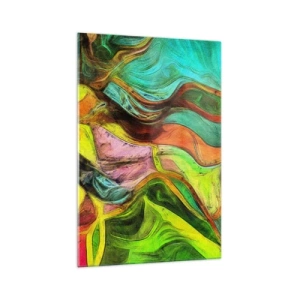 Quadro su vetro - Una composizione astratta con macchie colorate e linee dinamiche. - 70x100cm - Il movimento è vita - Decorazione murale moderna per soggiorno e camera da letto ARTTOR