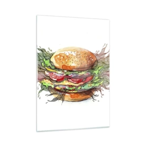 Quadro su vetro - Disegno artistico di un hamburger con dettagli acquerellati - 50x70cm - Una tentazione calda - Decorazione murale moderna per soggiorno e camera da letto ARTTOR