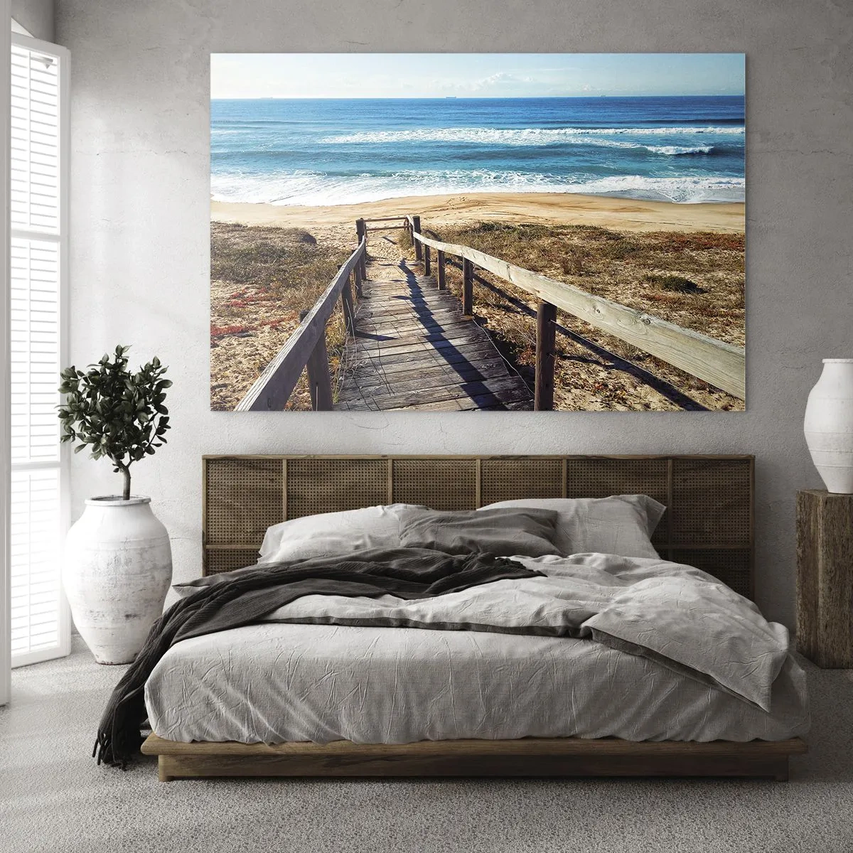 Quadro su vetro - Sentiero in legno che conduce alla spiaggia con vista sull'oceano - 70x50cm - Corri! - Decorazione murale moderna per soggiorno e camera da letto ARTTOR