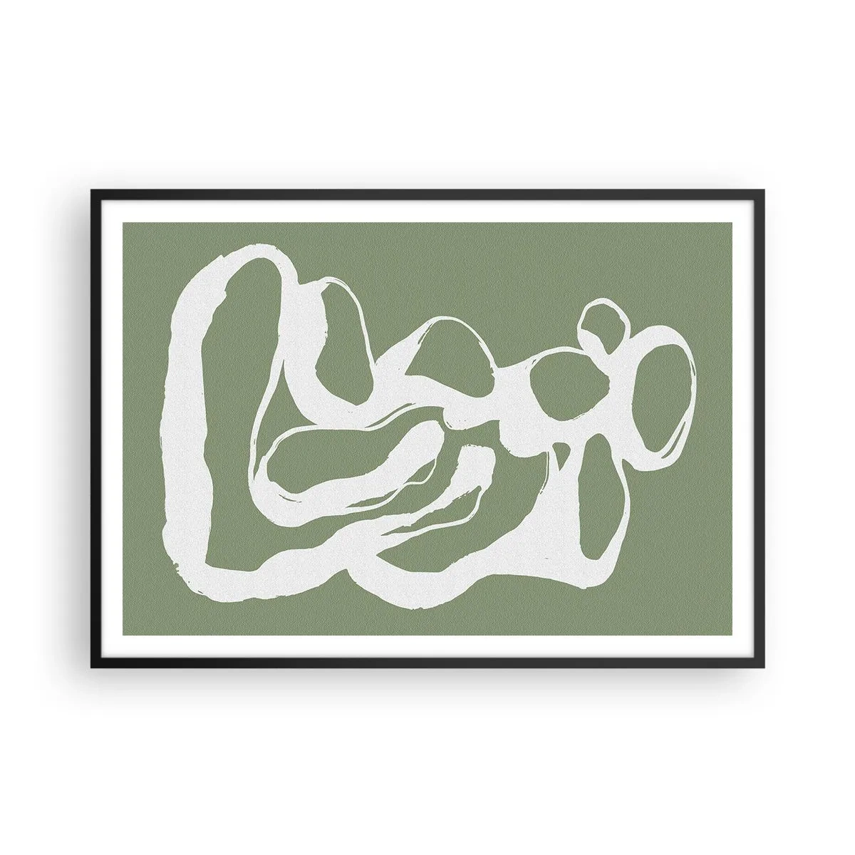 Poster in cornice nera - Forme organiche in bianco su sfondo verde - 100x70cm - Il richiamo dello spazio - Decorazione murale moderna per soggiorno e camera da letto ARTTOR