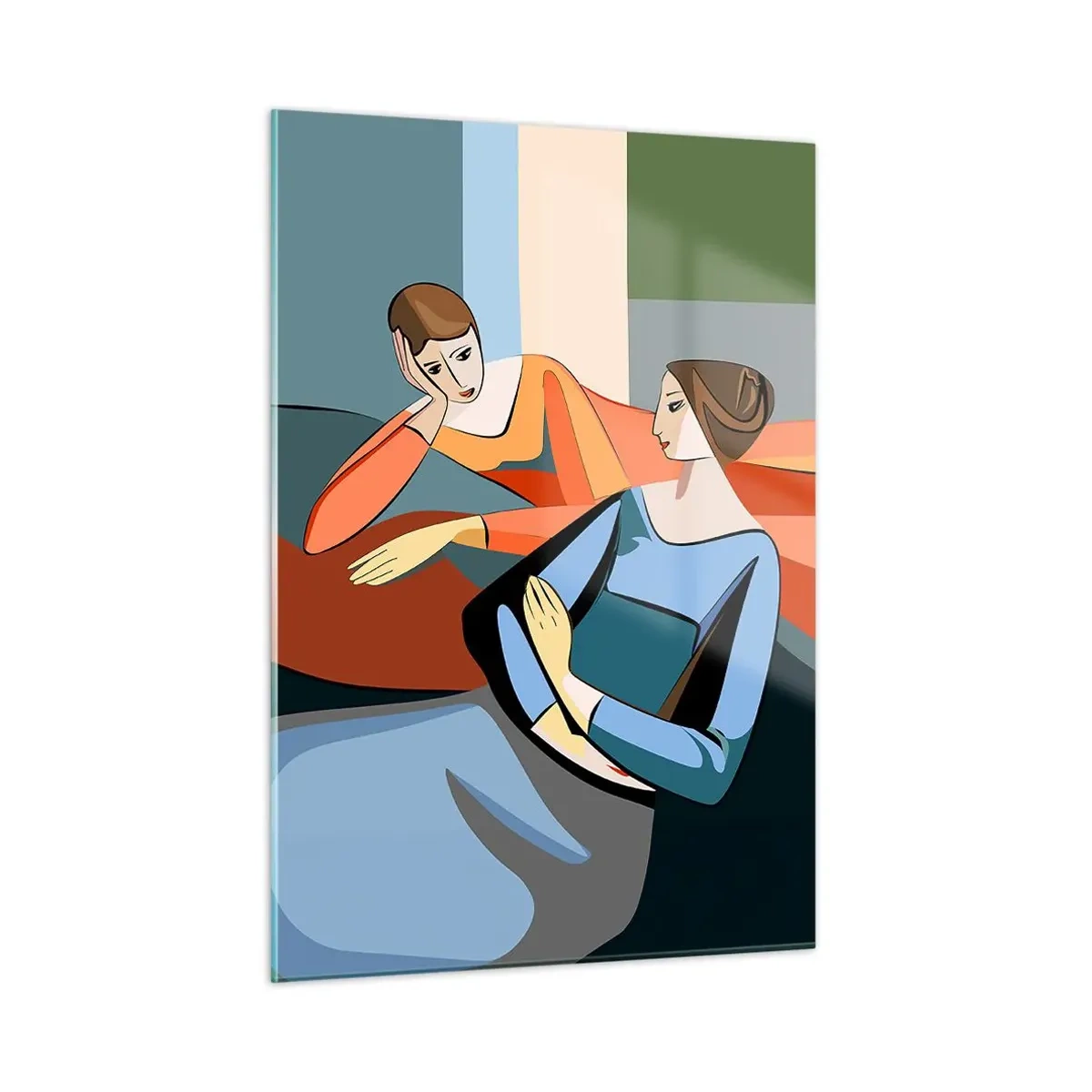 Quadro su vetro - Una scena geometrica di una conversazione tra due donne sullo sfondo di un interno. - 50x70cm - Il momento delle confidenze - Decorazione murale moderna per soggiorno e camera da letto ARTTOR