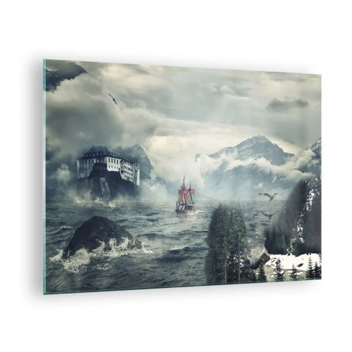 Quadro su vetro - Una nave in un mare in tempesta con un castello sullo sfondo - 70x50cm - Sulle acque magiche - Decorazione murale moderna per soggiorno e camera da letto ARTTOR