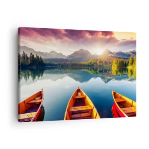 Quadro su tela - Stampe su Tela - Tre barche di legno sullo sfondo di un lago di montagna al tramonto - 70x50cm - Niente contro natura - Decorazione murale moderna per soggiorno e camera da letto ARTTOR