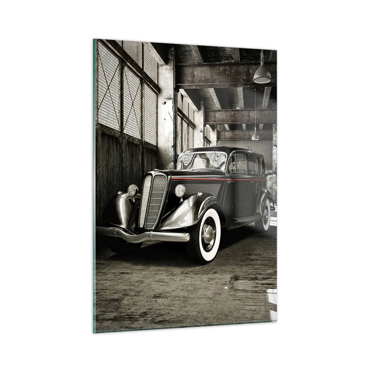 Quadro su vetro - Un'auto d'epoca in un garage elegante - 50x70cm - L'eleganza eterna degli anni '30 - Decorazione murale moderna per soggiorno e camera da letto ARTTOR