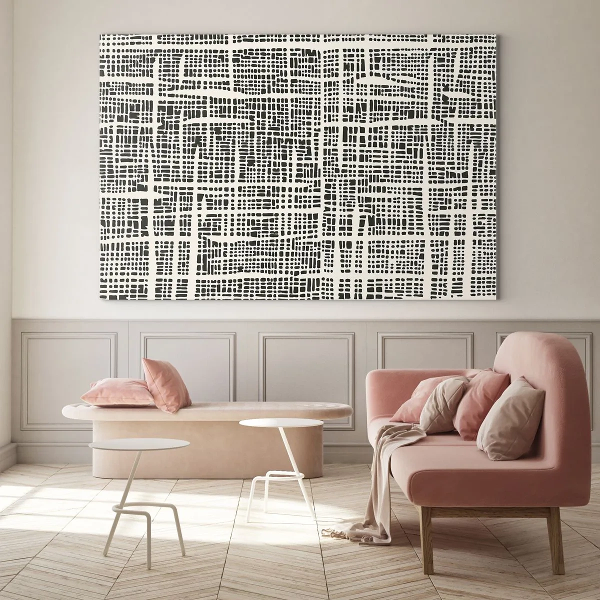 Quadro su vetro - Un'astrazione in bianco e nero che ricorda una griglia di punti. - 100x70cm - Composizione tessuta - Decorazione murale moderna per soggiorno e camera da letto ARTTOR