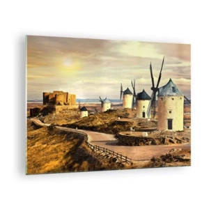 Quadro su vetro - Mulini a vento e un castello nel paesaggio al tramonto - 70x50cm - Adesso appare Don Chisciotte - Decorazione murale moderna per soggiorno e camera da letto ARTTOR