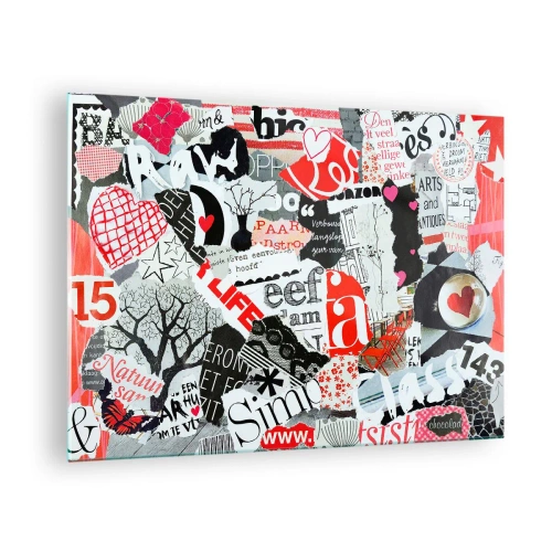 Quadro su vetro - Un collage di lettere, cuori e alberi in stile artistico. - 70x50cm - Collage hipster - Decorazione murale moderna per soggiorno e camera da letto ARTTOR