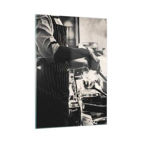 Quadro su vetro - Uno chef in azione con una padella in una cucina piena di vapore - 50x70cm - L'alchimia dei sapori - Decorazione murale moderna per soggiorno e camera da letto ARTTOR