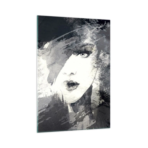 Quadro su vetro - Il volto di una donna è parzialmente coperto da macchie grigie astratte. - 50x70cm - Dietro un velo grigio - Decorazione murale moderna per soggiorno e camera da letto ARTTOR
