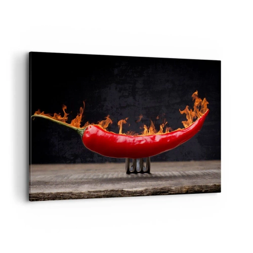 Quadro su tela - Stampe su Tela - Peperone rosso fiammeggiante su una forchetta - 120x80cm - Stuzzichino infuocato - Decorazione murale moderna per soggiorno e camera da letto ARTTOR