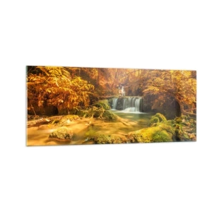 Quadro su vetro - Cascata boschiva in oro - 100x40 cm