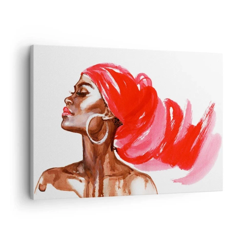 Quadro su tela - Stampe su Tela - Profilo di una donna con turbante rosso e orecchini - 70x50cm - C'è un vento che allarga le narici dell'uomo - Decorazione murale moderna per soggiorno e camera da letto ARTTOR
