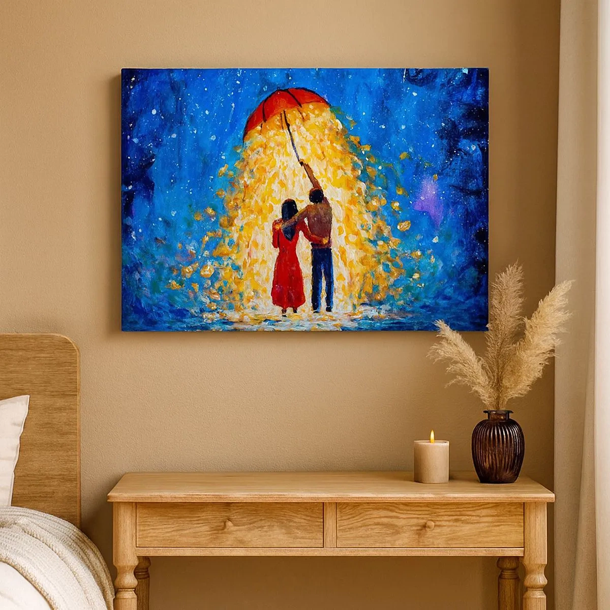 Quadro su tela - Stampe su Tela - Una coppia sotto un ombrello rosso sotto la pioggia luminosa - 70x50cm - La magia di una sera piovosa? - Decorazione murale moderna per soggiorno e camera da letto ARTTOR
