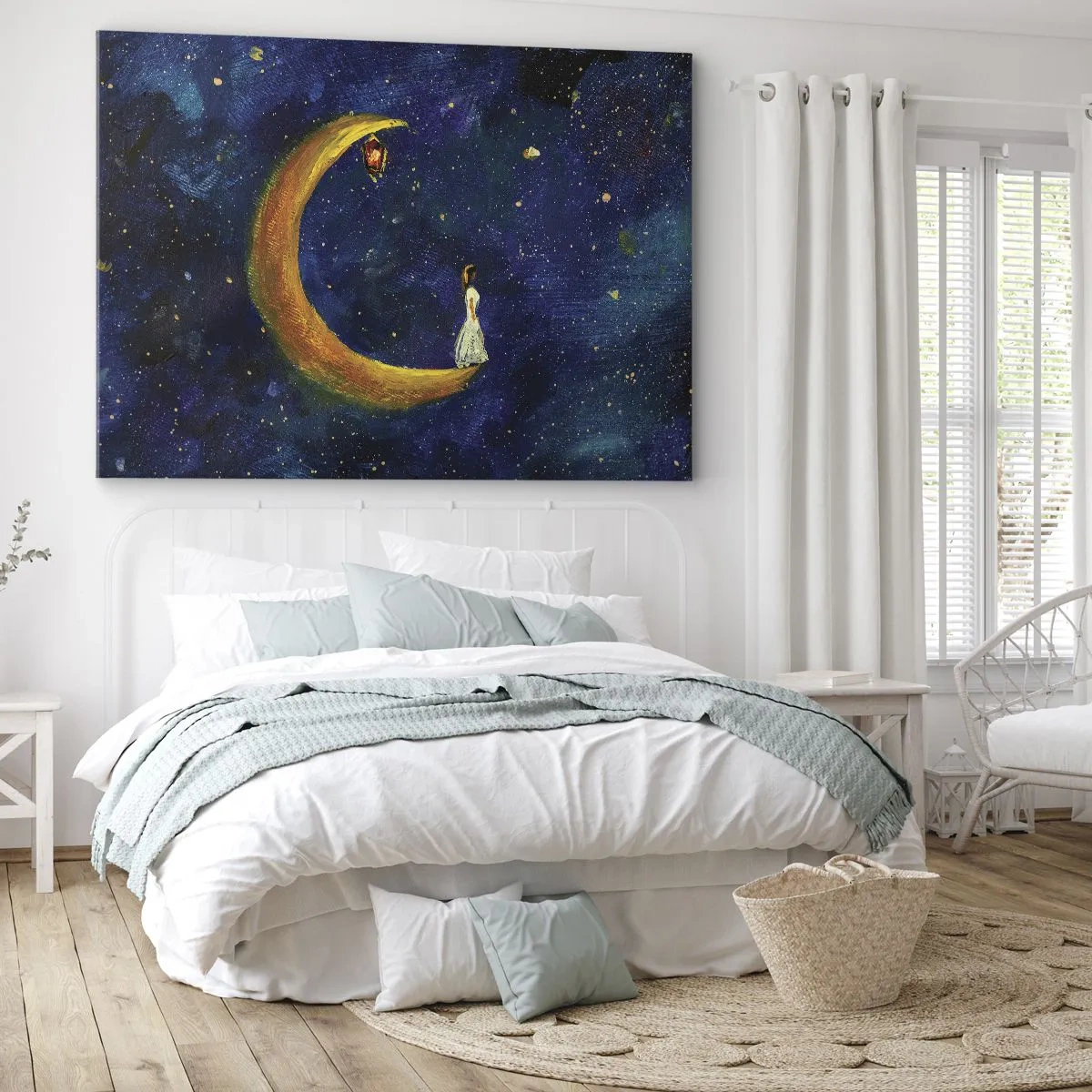 Quadro su tela - Stampe su Tela - Una ragazza in piedi sulla luna in un cielo stellato - 100x70cm - Il richiamo del mondo - Decorazione murale moderna per soggiorno e camera da letto ARTTOR