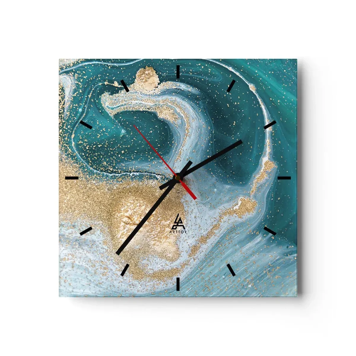 Orologio da parete - Orologio in Vetro - Vortice astratto nei toni del turchese e dell'oro - 30x30cm - Vortice di oro e turchese - Decorazione murale moderna per soggiorno e camera da letto ARTTOR