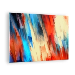 Quadro su vetro - Pennellate astratte nelle tonalità del blu, rosso e beige - 70x50cm - Cascata di colori - Decorazione murale moderna per soggiorno e camera da letto ARTTOR