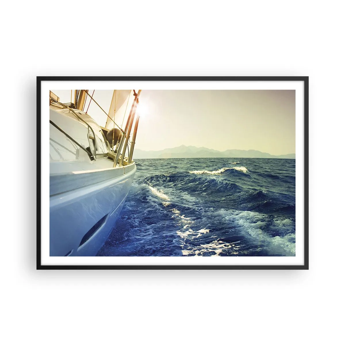 Poster in cornice nera - Uno yacht in mare aperto con vista sulle onde - 100x70cm - Verso l'avventura - Decorazione murale moderna per soggiorno e camera da letto ARTTOR