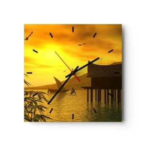 Orologio da parete - Orologio in Vetro - Tramonto tropicale sull'acqua con casa in legno su palafitte. - 30x30cm - Calma desiderata - Decorazione murale moderna per soggiorno e camera da letto ARTTOR