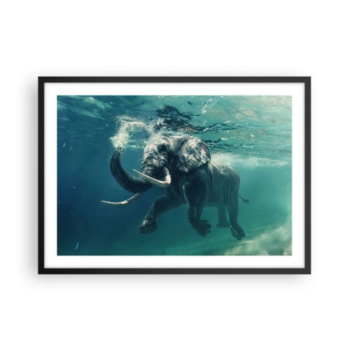 Poster in cornice nera - Un elefante che nuota sott'acqua nelle profondità turchesi - 70x50cm - Tutti amano nuotare - Decorazione murale moderna per soggiorno e camera da letto ARTTOR