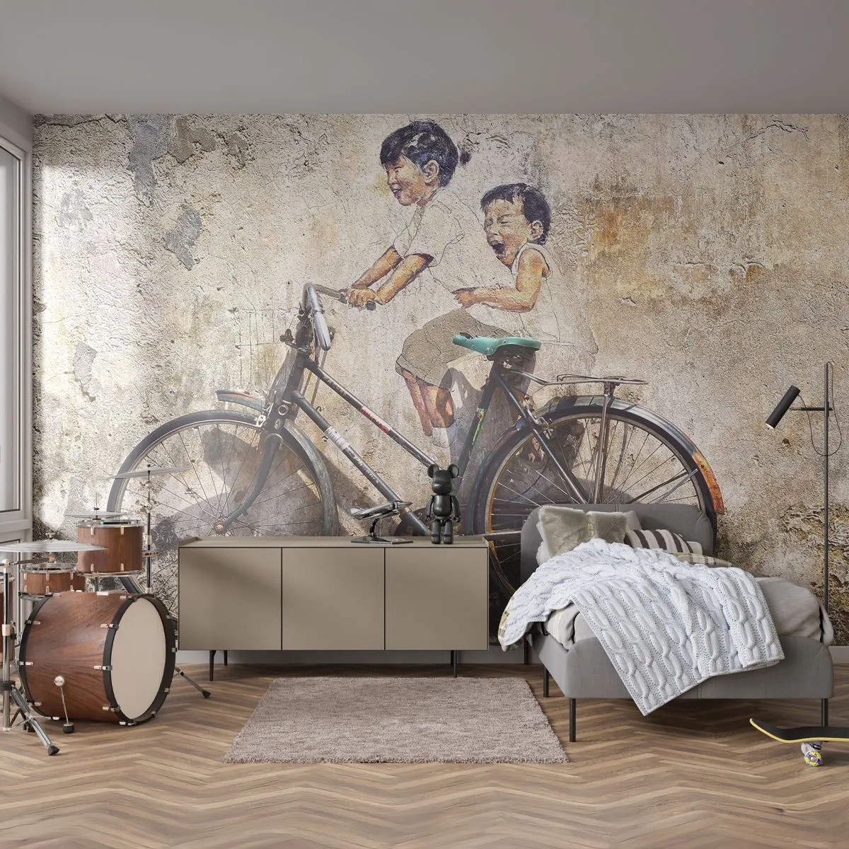 Fotomurali Premium Sand - Vero o falso? - Astrazione, Murale, Bicicletta - 450x315 cm