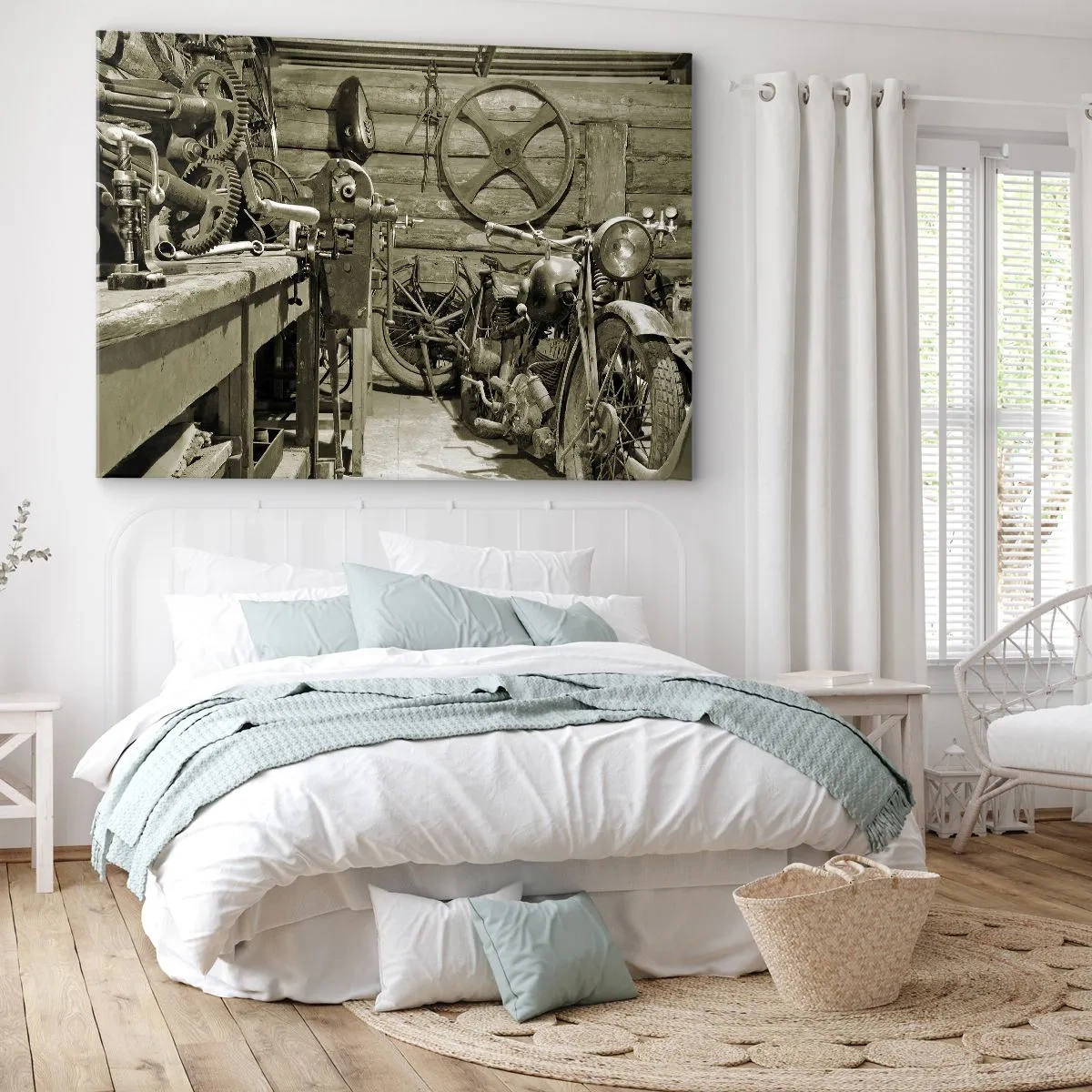 Quadro su tela - Stampe su Tela - Officina retrò con motociclette e attrezzi - 120x80cm - Nel capanno di zio Alfredo - Decorazione murale moderna per soggiorno e camera da letto ARTTOR