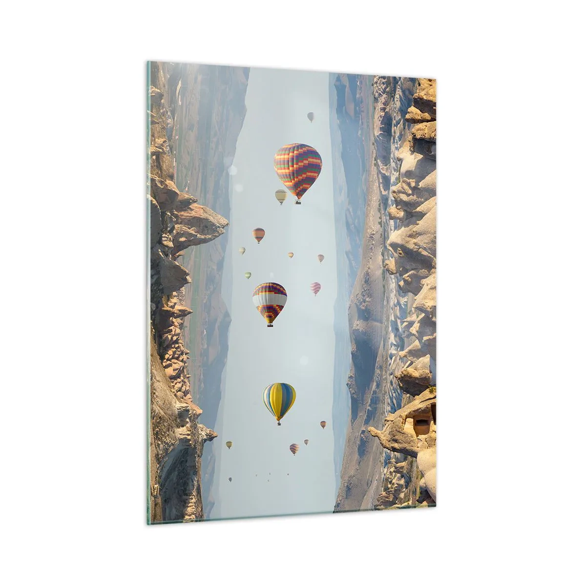 Quadro su vetro - Palloncini colorati sopra il paesaggio roccioso della Cappadocia - 50x70cm - Qui tutto è possibile - Decorazione murale moderna per soggiorno e camera da letto ARTTOR