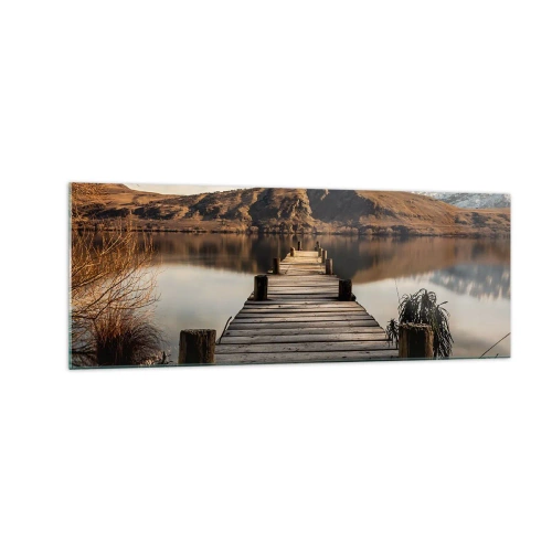 Quadro su vetro - Un molo di legno su un lago circondato da pittoresche colline - 140x50cm - Paesaggio nel silenzio - Decorazione murale moderna per soggiorno e camera da letto ARTTOR