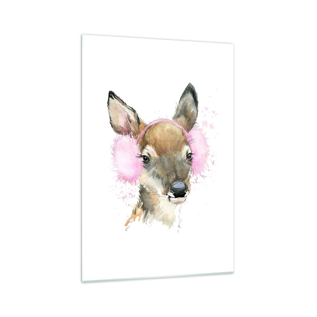 Quadro su vetro - Cervo acquerello con paraorecchie rosa - 70x100cm - E il gelo non mette più paura - Decorazione murale moderna per soggiorno e camera da letto ARTTOR