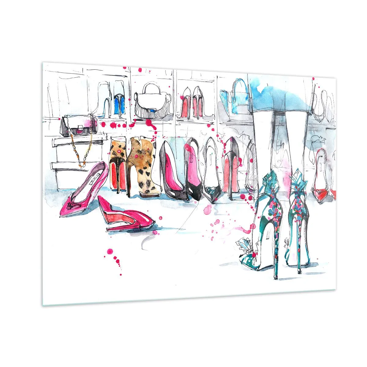 Quadro su vetro - Illustrazione di eleganti tacchi alti in un negozio - 100x70cm - Apriti sesamo - Decorazione murale moderna per soggiorno e camera da letto ARTTOR